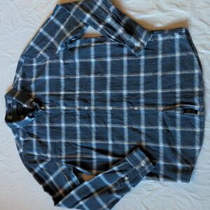 Lucky Brand Washed & Worn Classic Fit Linen Blue Plaid Long Sleeve Shirt Size L